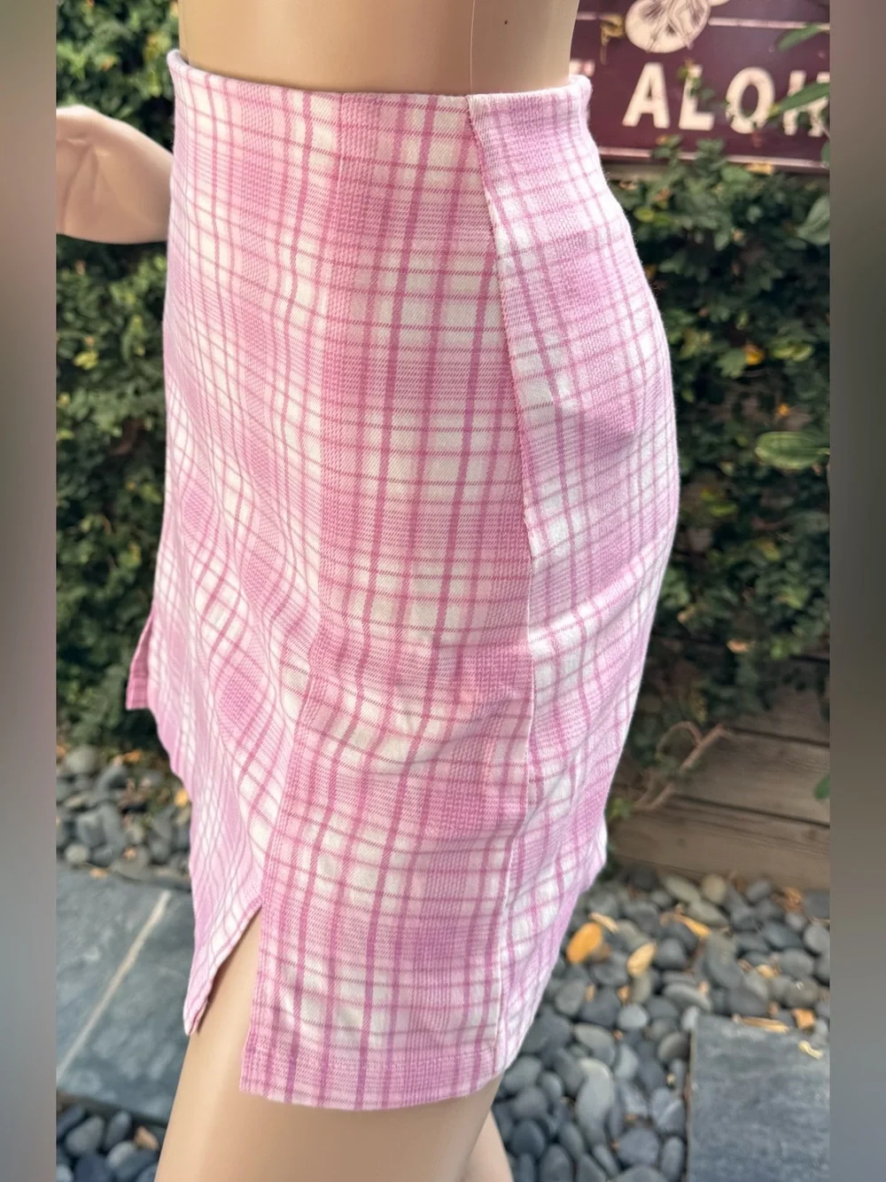Brandy Melville Pink & White Plaid Mini Skirt with Side Slit